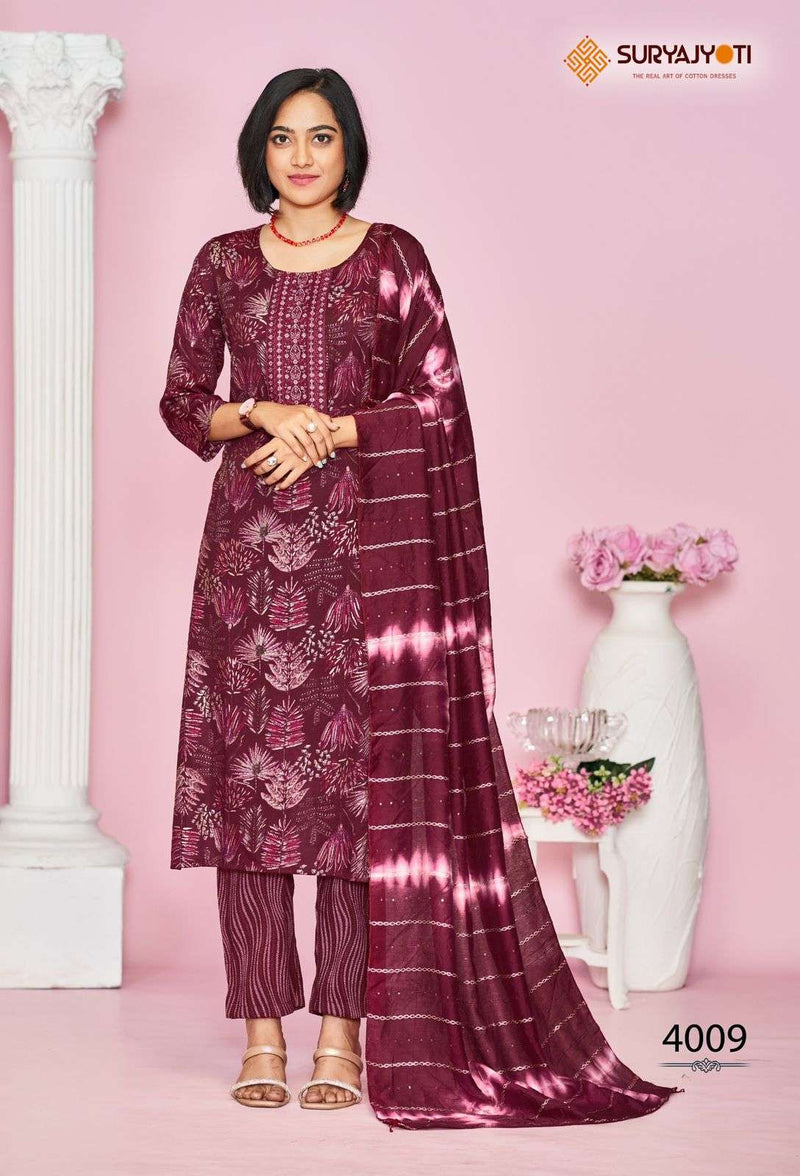 Suryajyoti Kritika Vol 4 Rayon Capsule Foil Print Embroidery Kurti Pant Dupatta Set