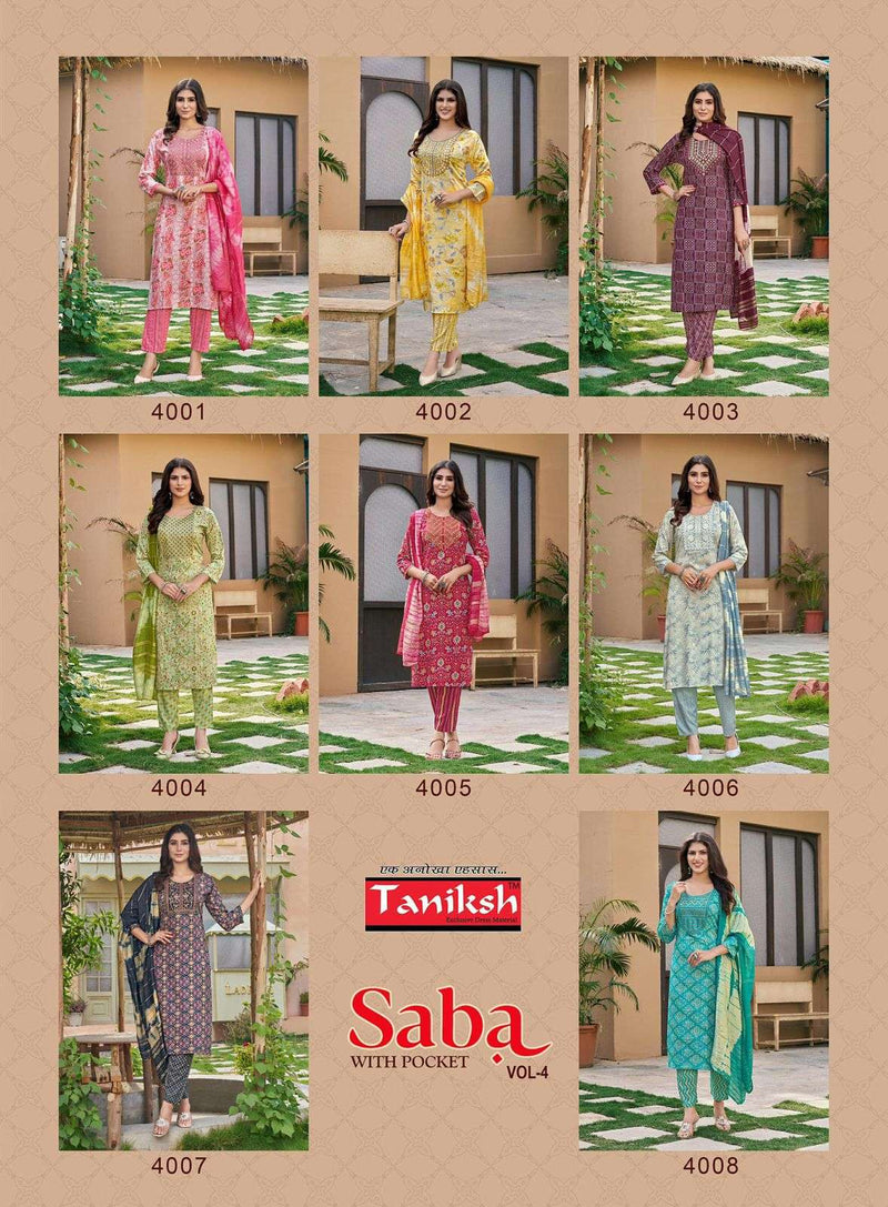 Taniksh Saba Vol 4 Rayon Foil Print With Embroidery Work Kurti Combo Set