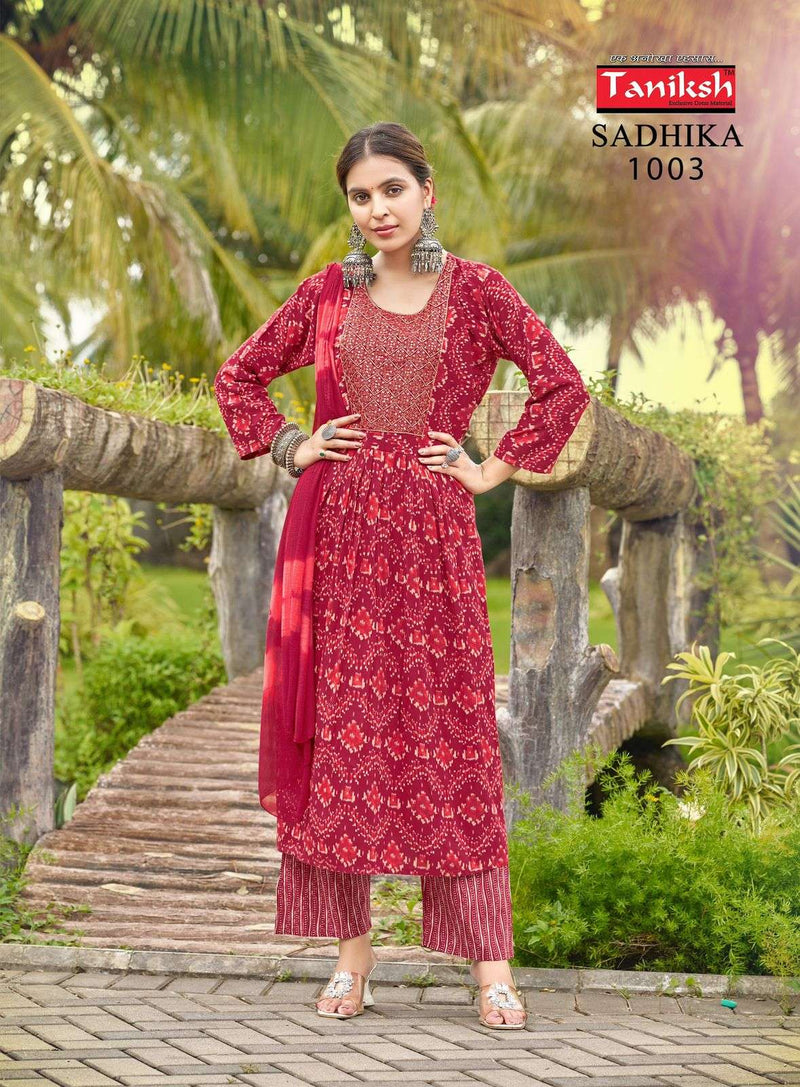 Taniksh Sadhika Rayon Print Embroidery Work Daily Wear Kurti Pant Dupatta Set