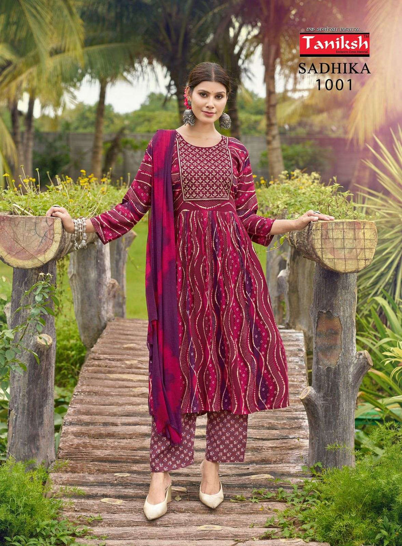 Taniksh Sadhika Rayon Print Embroidery Work Daily Wear Kurti Pant Dupatta Set