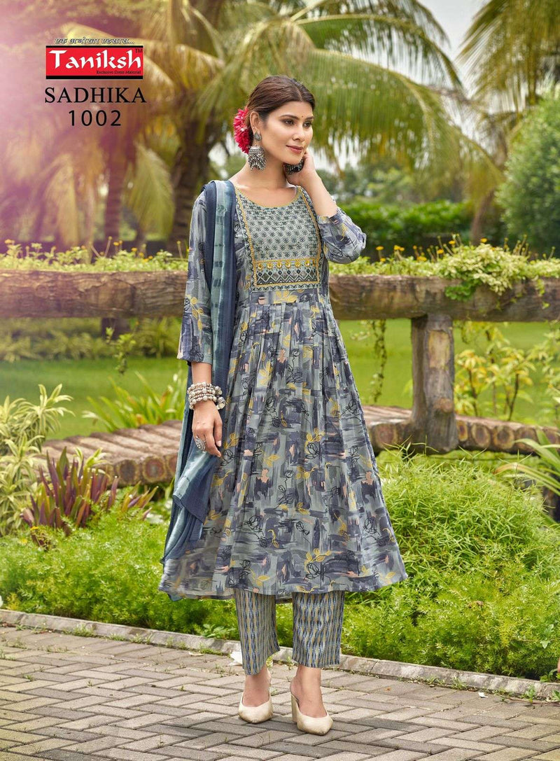 Taniksh Sadhika Rayon Print Embroidery Work Daily Wear Kurti Pant Dupatta Set