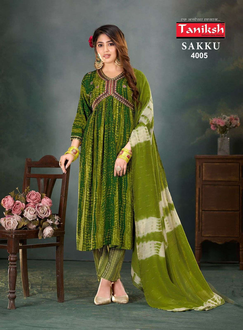 Taniksh Sakku Vol 4 Rayon Work Alia Cut Kurti With Lace Dupatta Combo Set