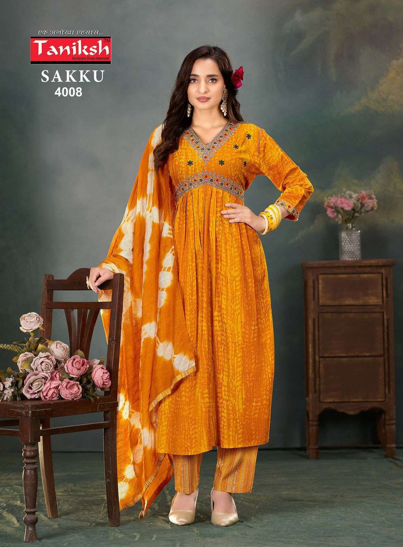 Taniksh Sakku Vol 4 Rayon Work Alia Cut Kurti With Lace Dupatta Combo Set