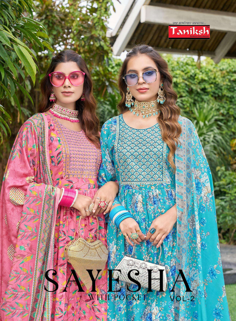 Taniksh Sayesha Vol 2 Cotton Embroidery Nyra Cut Kurti Pant Dupatta Set