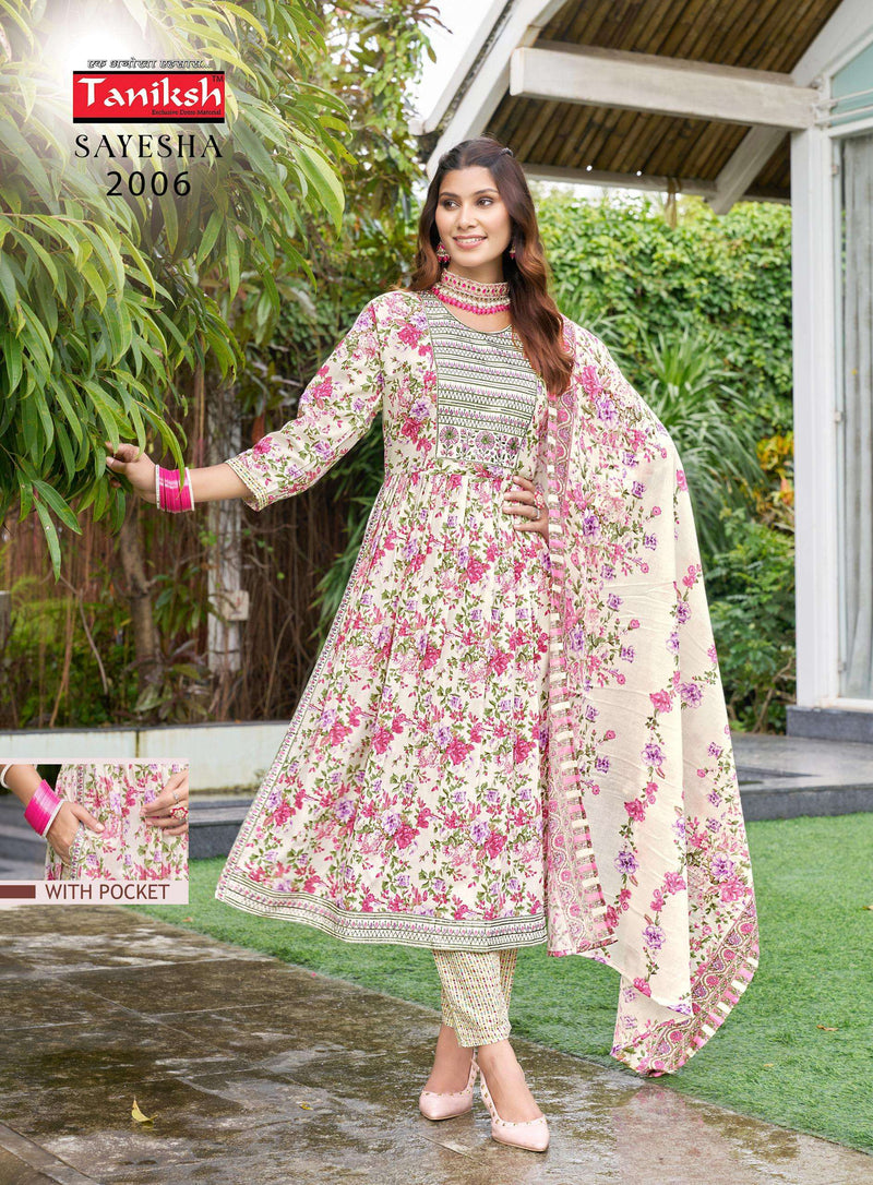 Taniksh Sayesha Vol 2 Cotton Embroidery Nyra Cut Kurti Pant Dupatta Set