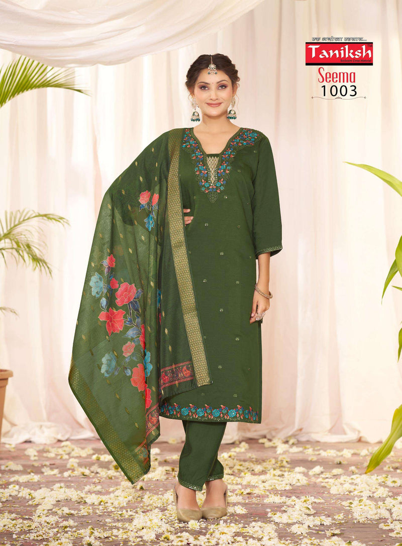 Taniksh Seema Silks With Embroidery Work Kurti Pant Jaqcard Digital Fancy Dupatta Set