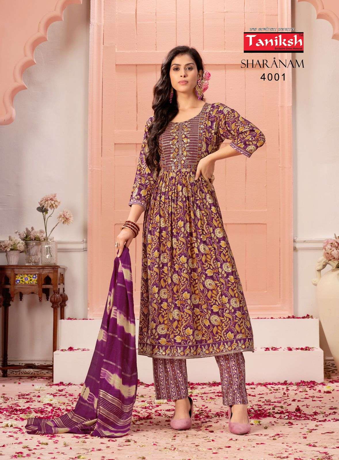 Taniksh Sharnam Vol 4 Rayon Foil Print Nayra Cut Kurti Pant Dupatta Set