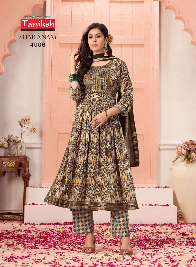 Taniksh Sharnam Vol 4 Rayon Foil Print Nayra Cut Kurti Pant Dupatta Set