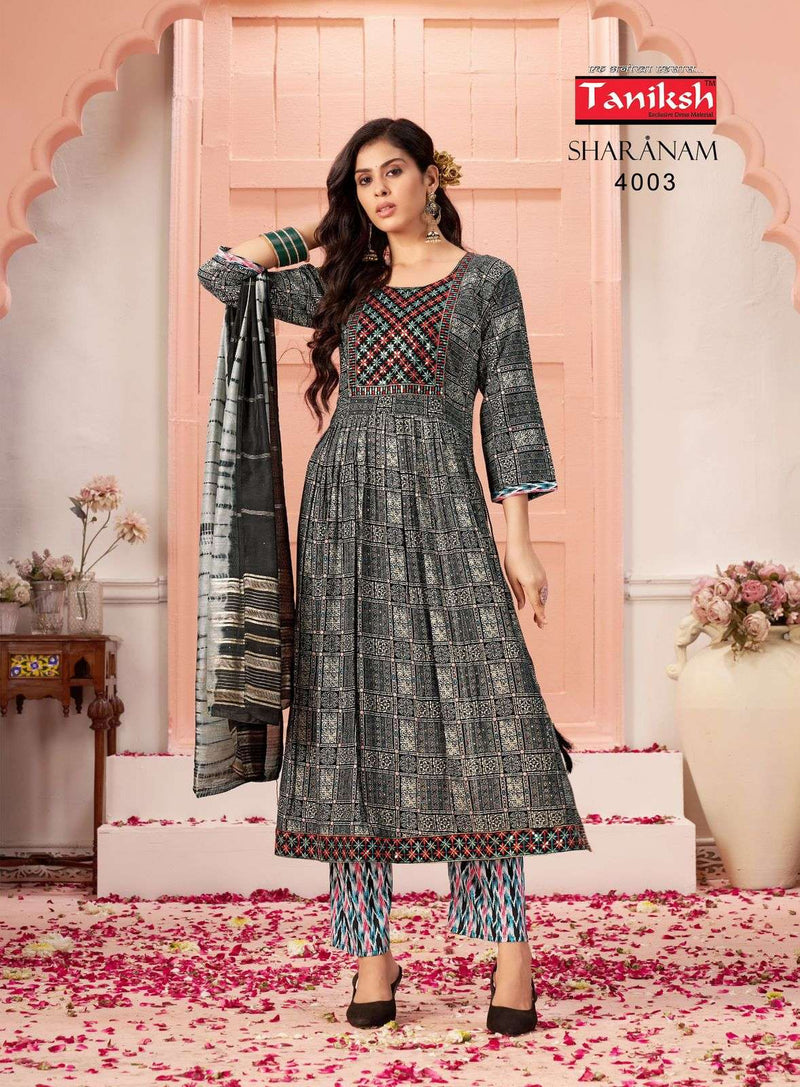 Taniksh Sharnam Vol 4 Rayon Foil Print Nayra Cut Kurti Pant Dupatta Set