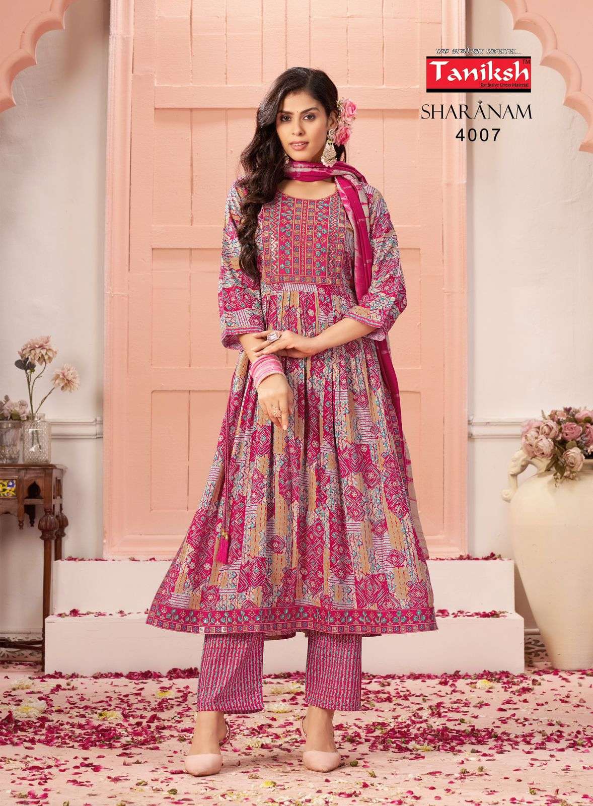 Taniksh Sharnam Vol 4 Rayon Foil Print Nayra Cut Kurti Pant Dupatta Set