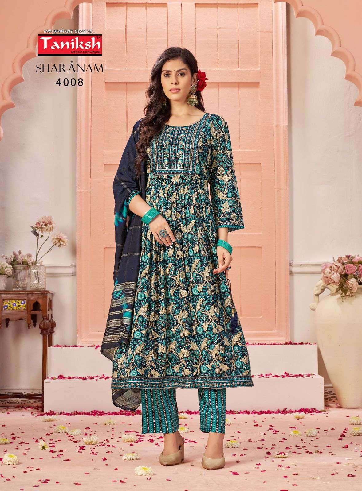 Taniksh Sharnam Vol 4 Rayon Foil Print Nayra Cut Kurti Pant Dupatta Set