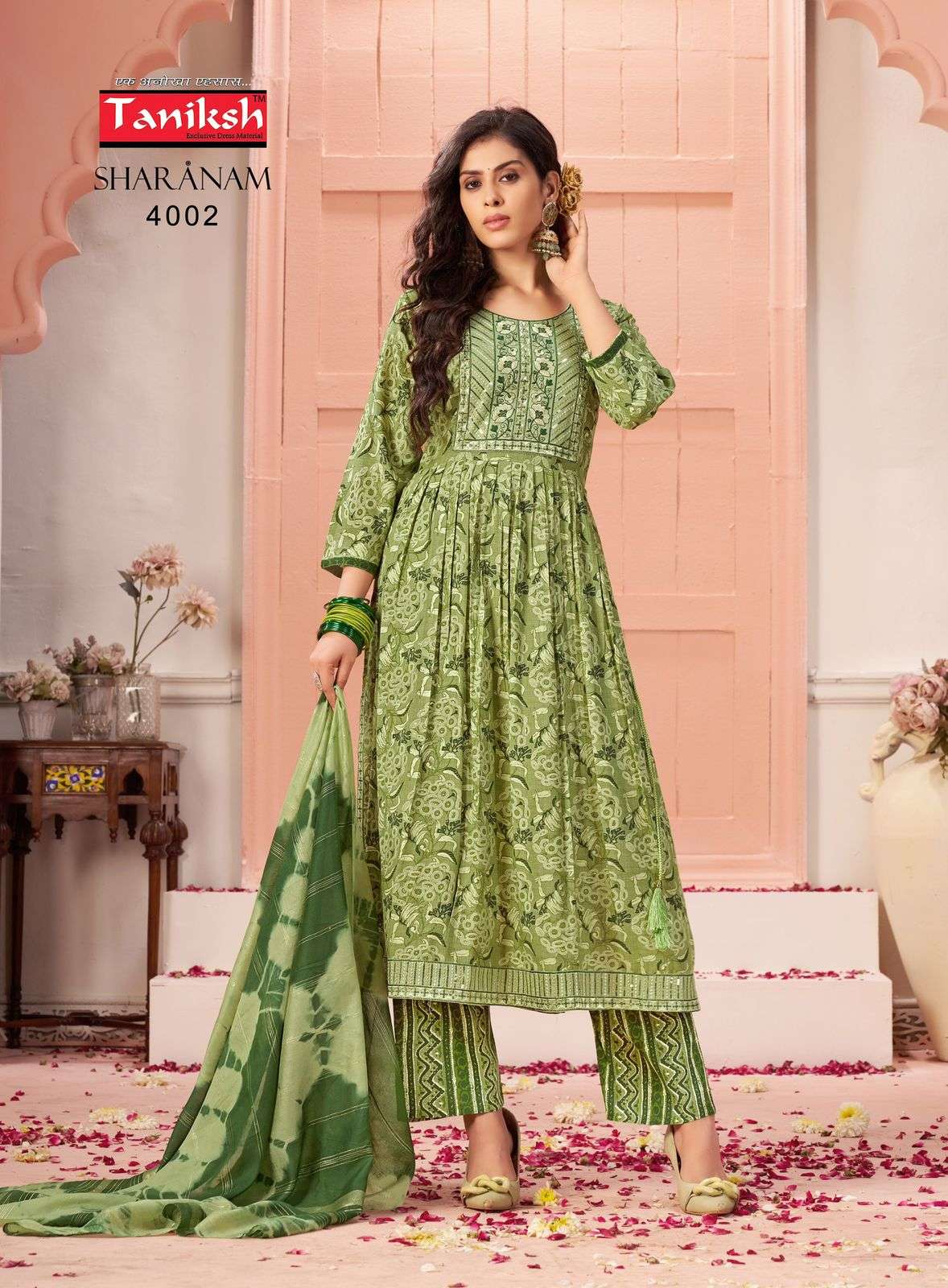 Taniksh Sharnam Vol 4 Rayon Foil Print Nayra Cut Kurti Pant Dupatta Set