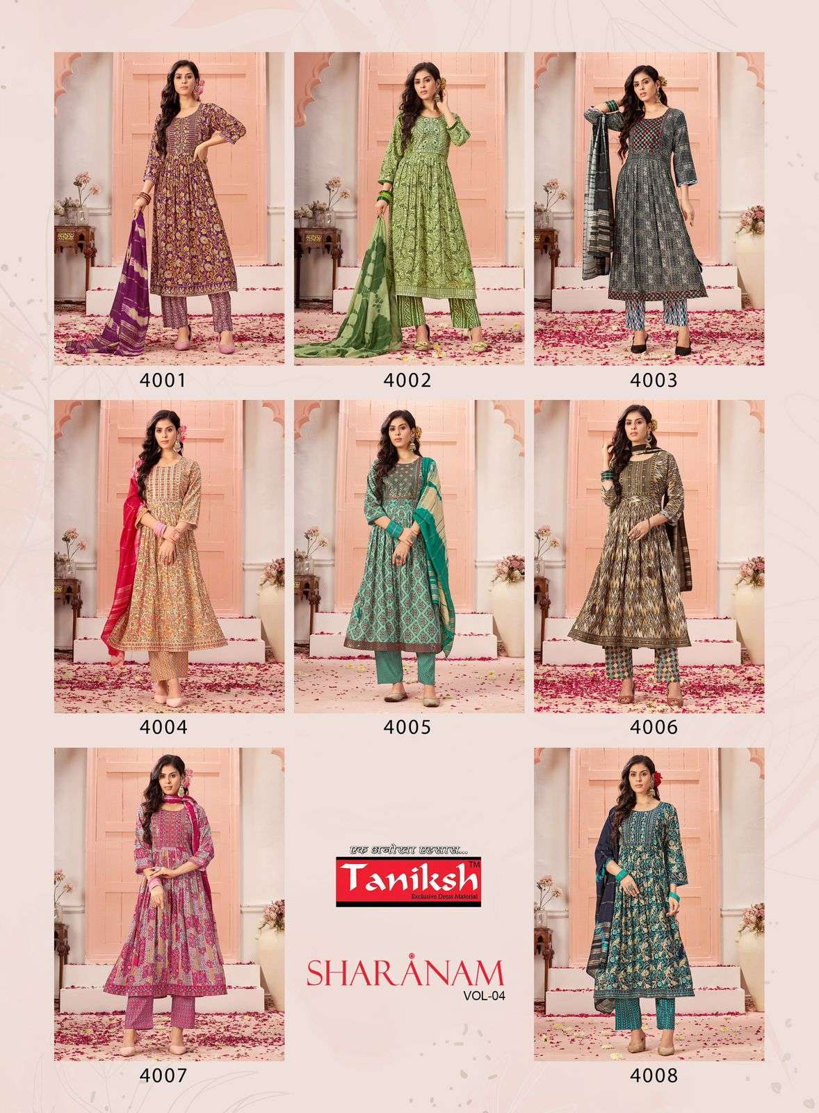 Taniksh Sharnam Vol 4 Rayon Foil Print Nayra Cut Kurti Pant Dupatta Set