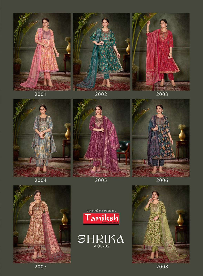 Taniksh Shrika Vol 2 Muslin Print Embroidery Work Nyra Cut Kurti Pant Dupatta Set