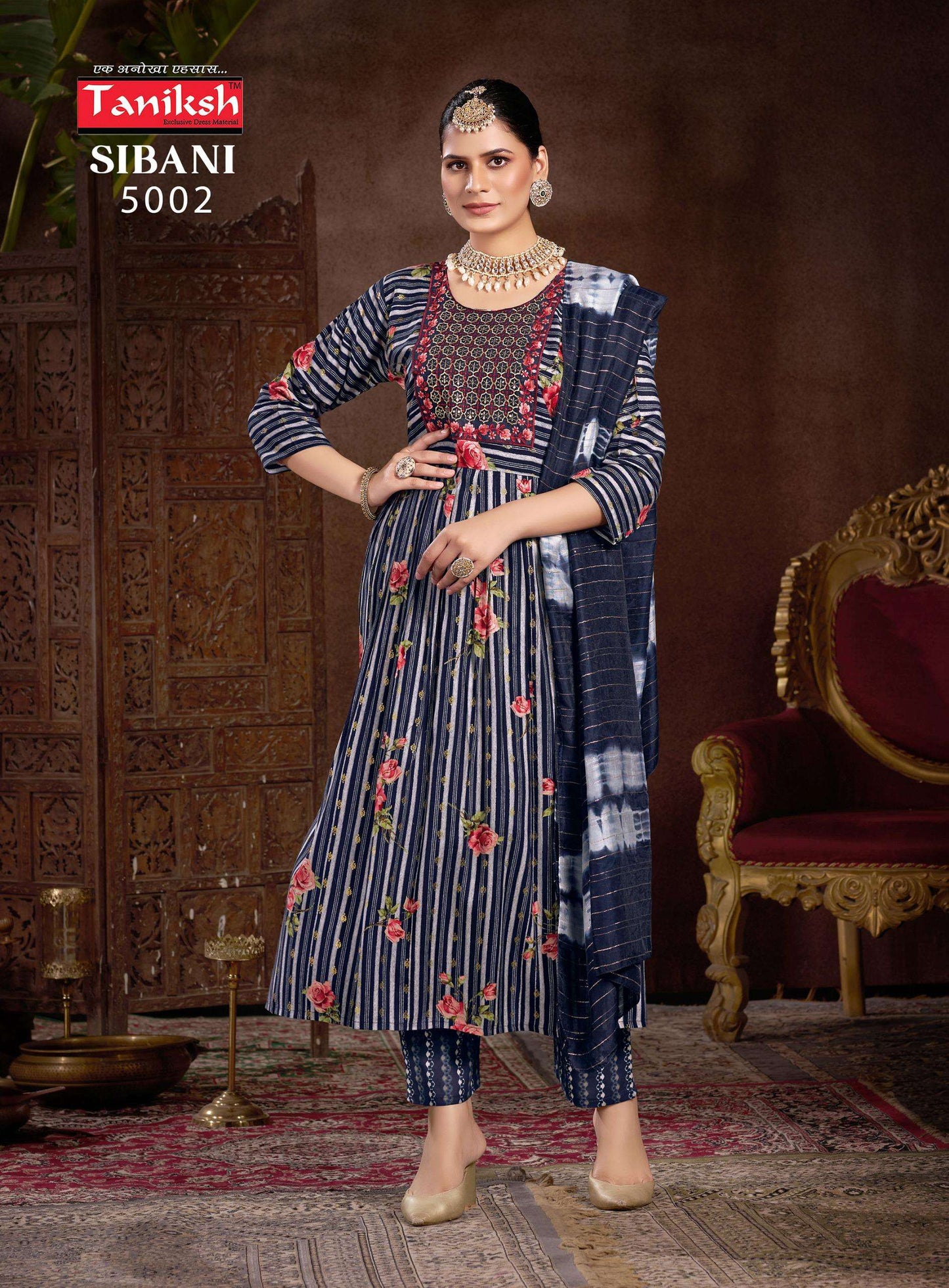 Taniksh Sibani Vol 5 Rayon Fancy Sequance Embroidery Work Naira Cut Kurti Combo Set