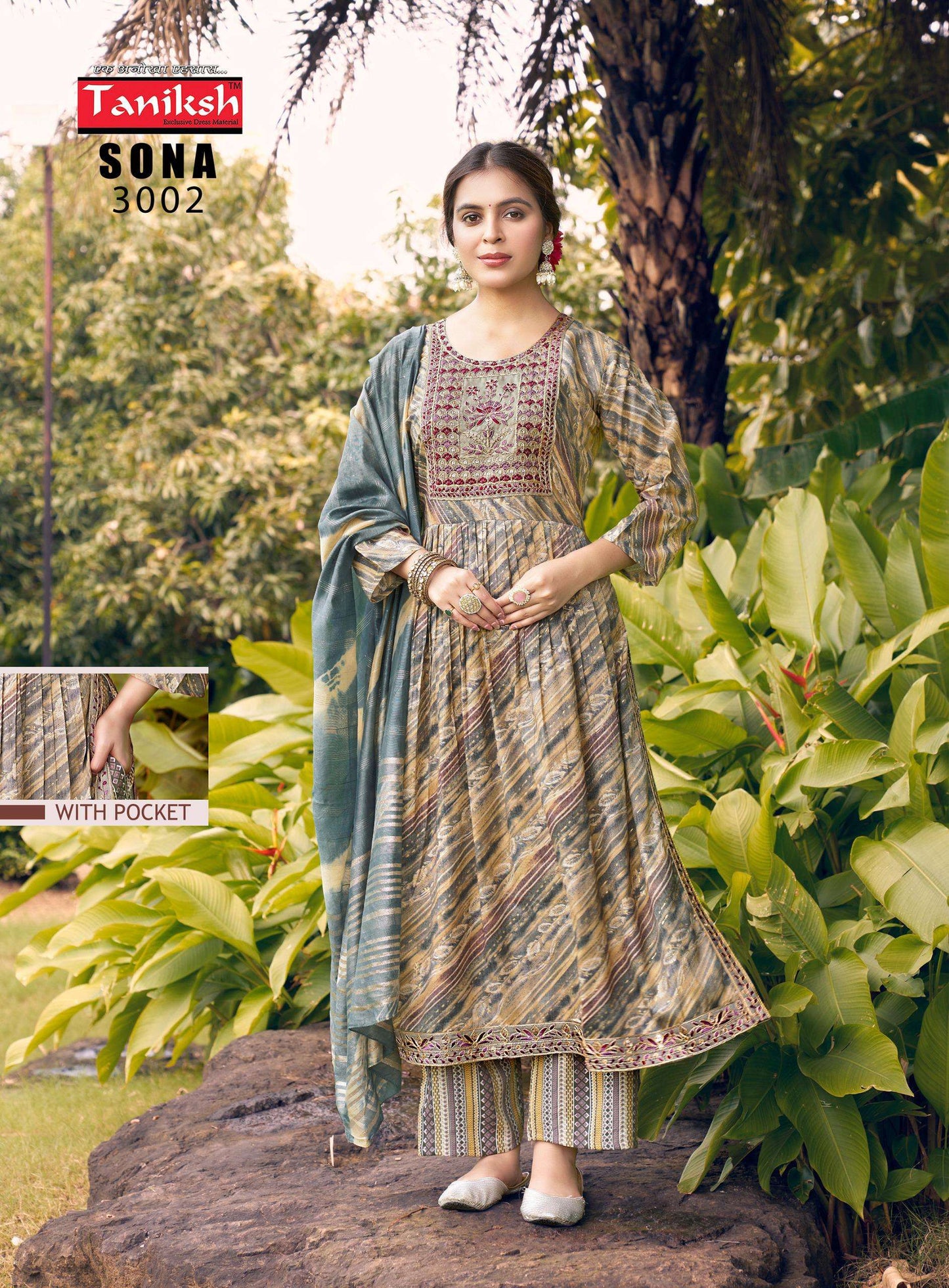 Taniksh Sona Vol 1 Rayon Embroidery Work Nyra Cut Style Kurti Pant Dupatta Set