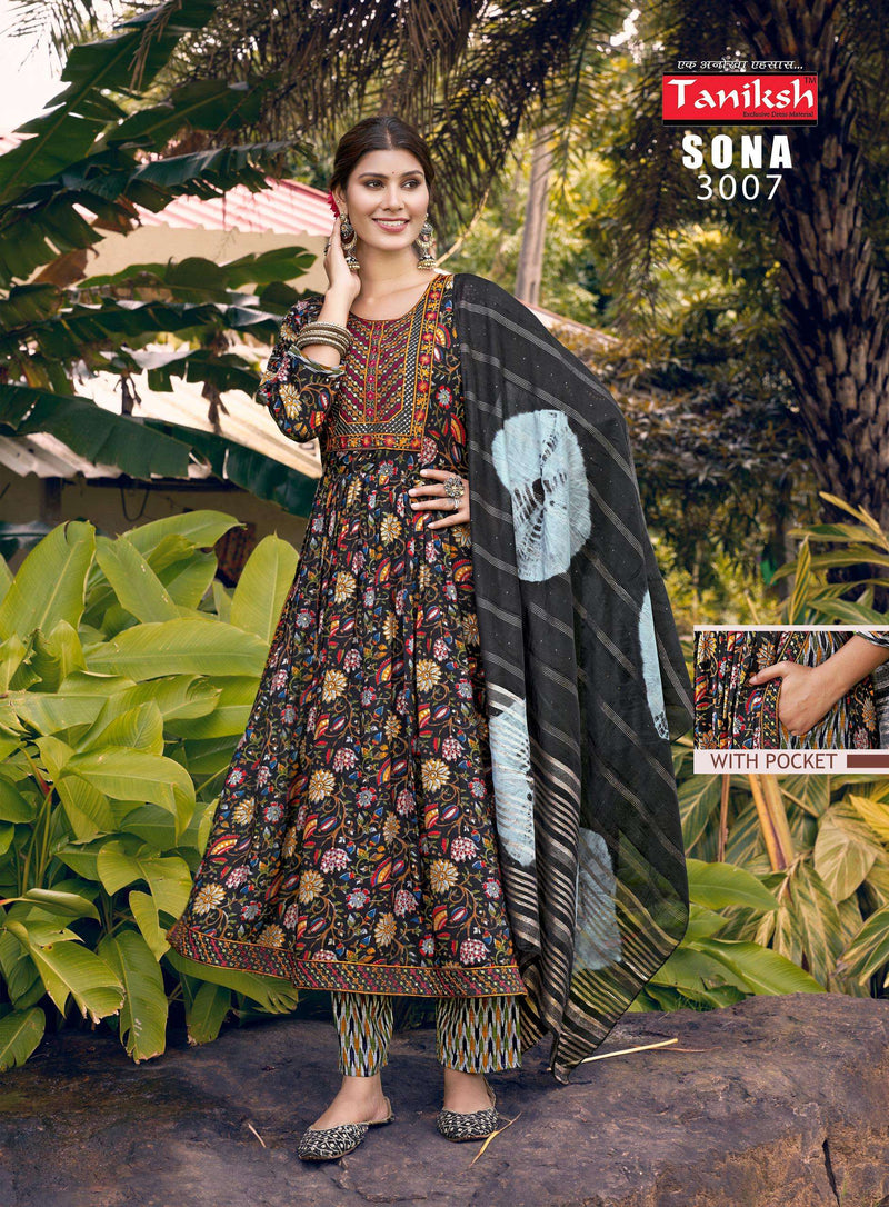 Taniksh Sona Vol 1 Rayon Embroidery Work Nyra Cut Style Kurti Pant Dupatta Set