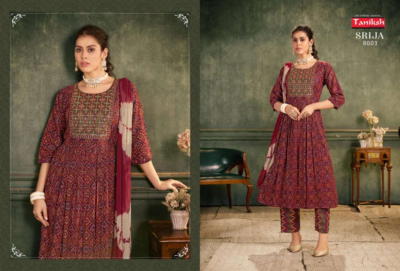 Taniksh Srija Vol 8 Rayon Embroidery Work Anarkali Style Kurti Pant Dupatta Set