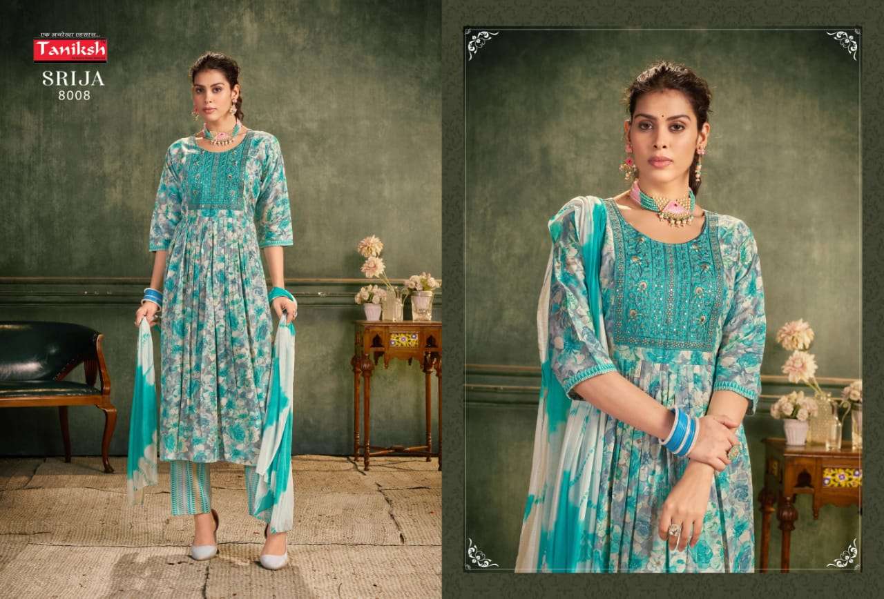 Taniksh Srija Vol 8 Rayon Embroidery Work Anarkali Style Kurti Pant Dupatta Set