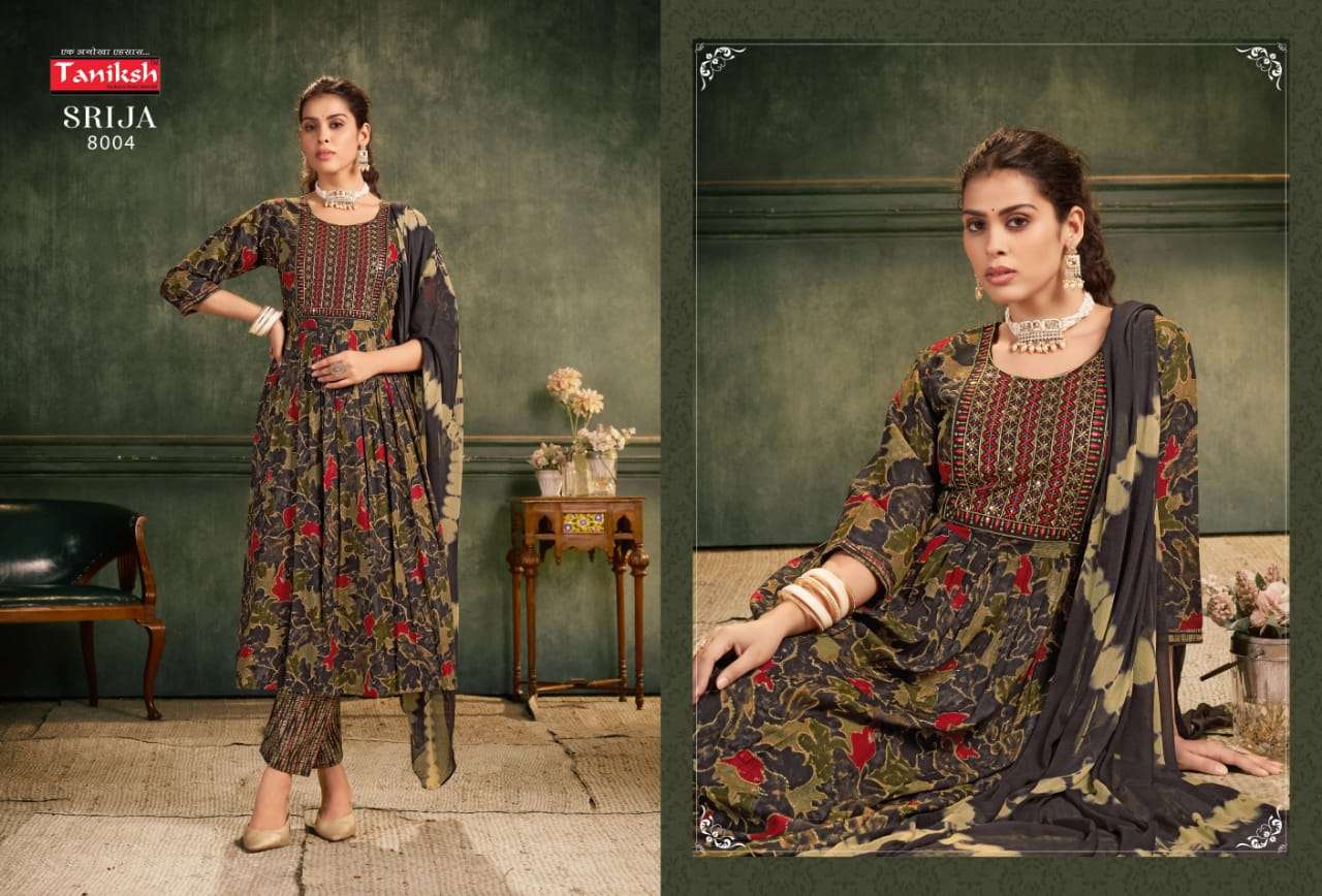 Taniksh Srija Vol 8 Rayon Embroidery Work Anarkali Style Kurti Pant Dupatta Set