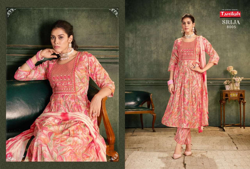 Taniksh Srija Vol 8 Rayon Embroidery Work Anarkali Style Kurti Pant Dupatta Set