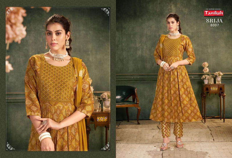 Taniksh Srija Vol 8 Rayon Embroidery Work Anarkali Style Kurti Pant Dupatta Set