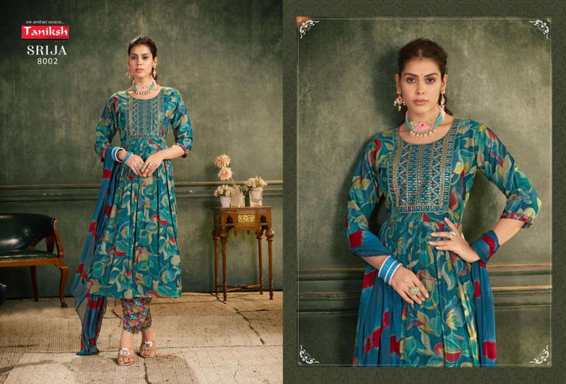 Taniksh Srija Vol 8 Rayon Embroidery Work Anarkali Style Kurti Pant Dupatta Set