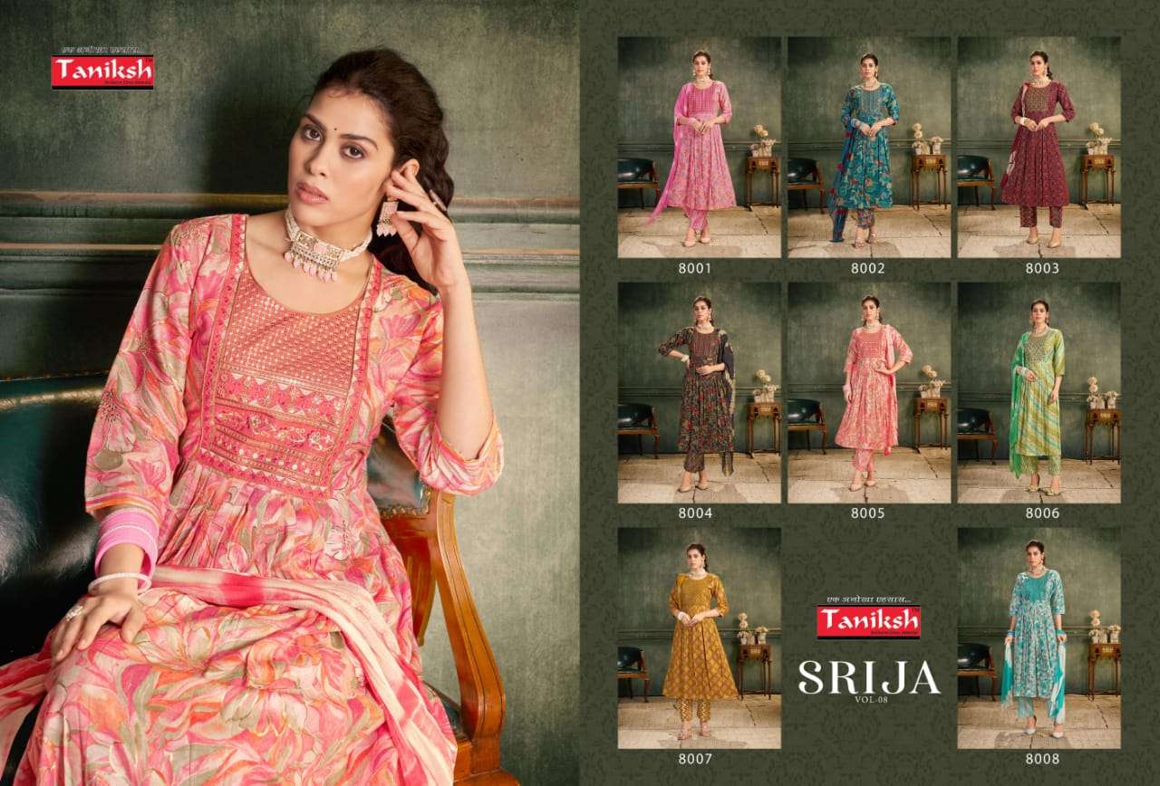 Taniksh Srija Vol 8 Rayon Embroidery Work Anarkali Style Kurti Pant Dupatta Set