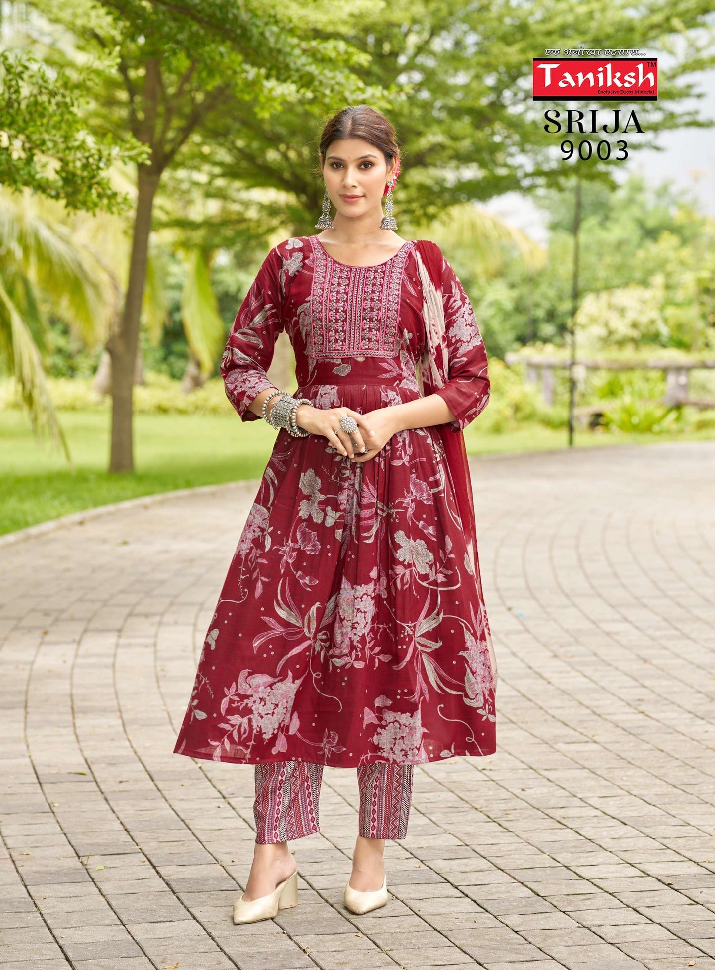 Taniksh Srija Vol 9 Rayon Embroidery Work Casual Wear Kurti Pant Dupatta Set