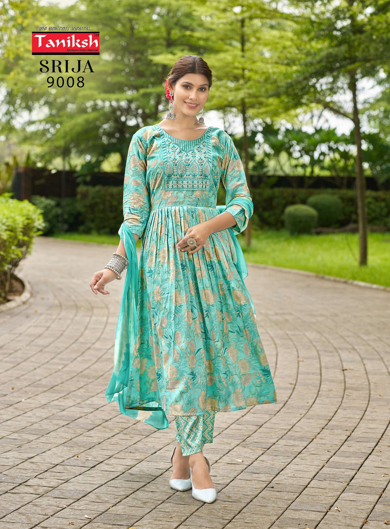 Taniksh Srija Vol 9 Rayon Embroidery Work Casual Wear Kurti Pant Dupatta Set