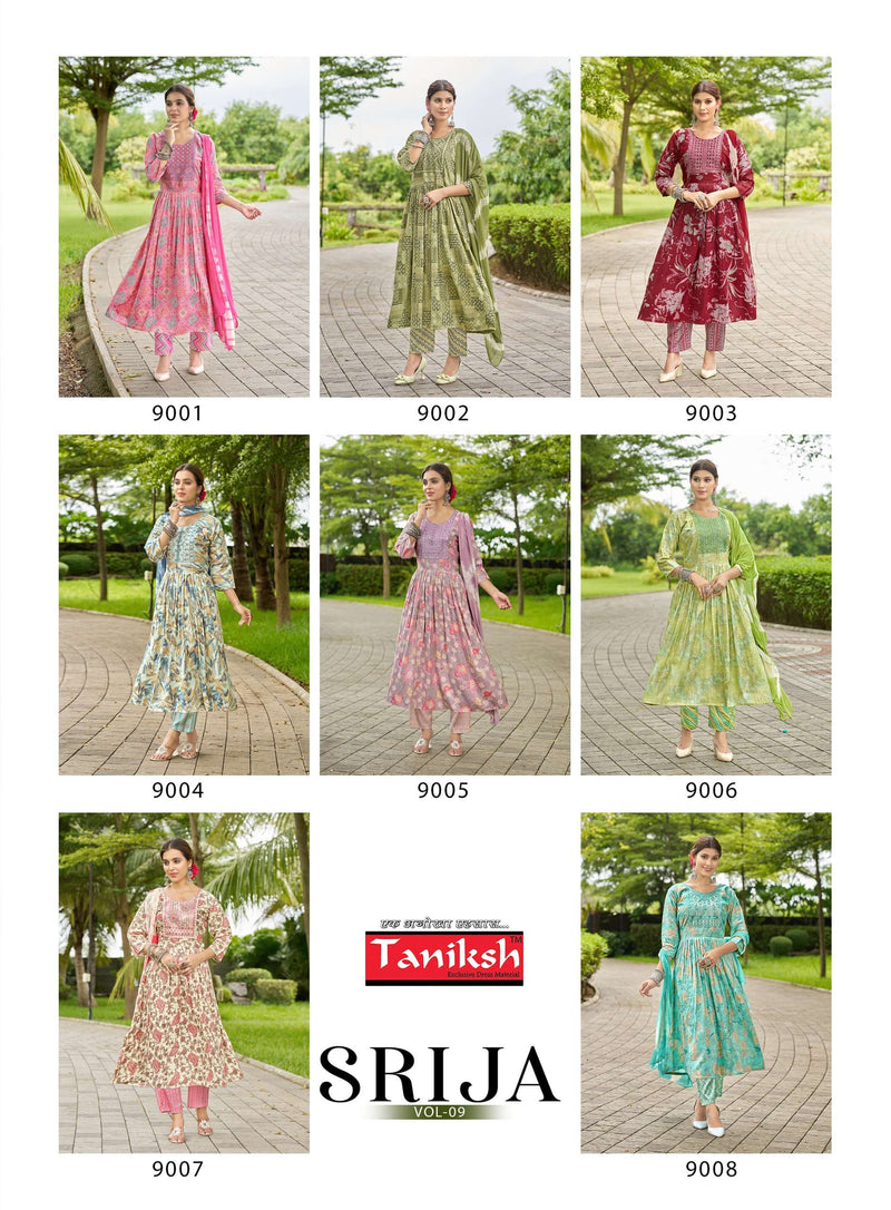 Taniksh Srija Vol 9 Rayon Embroidery Work Casual Wear Kurti Pant Dupatta Set