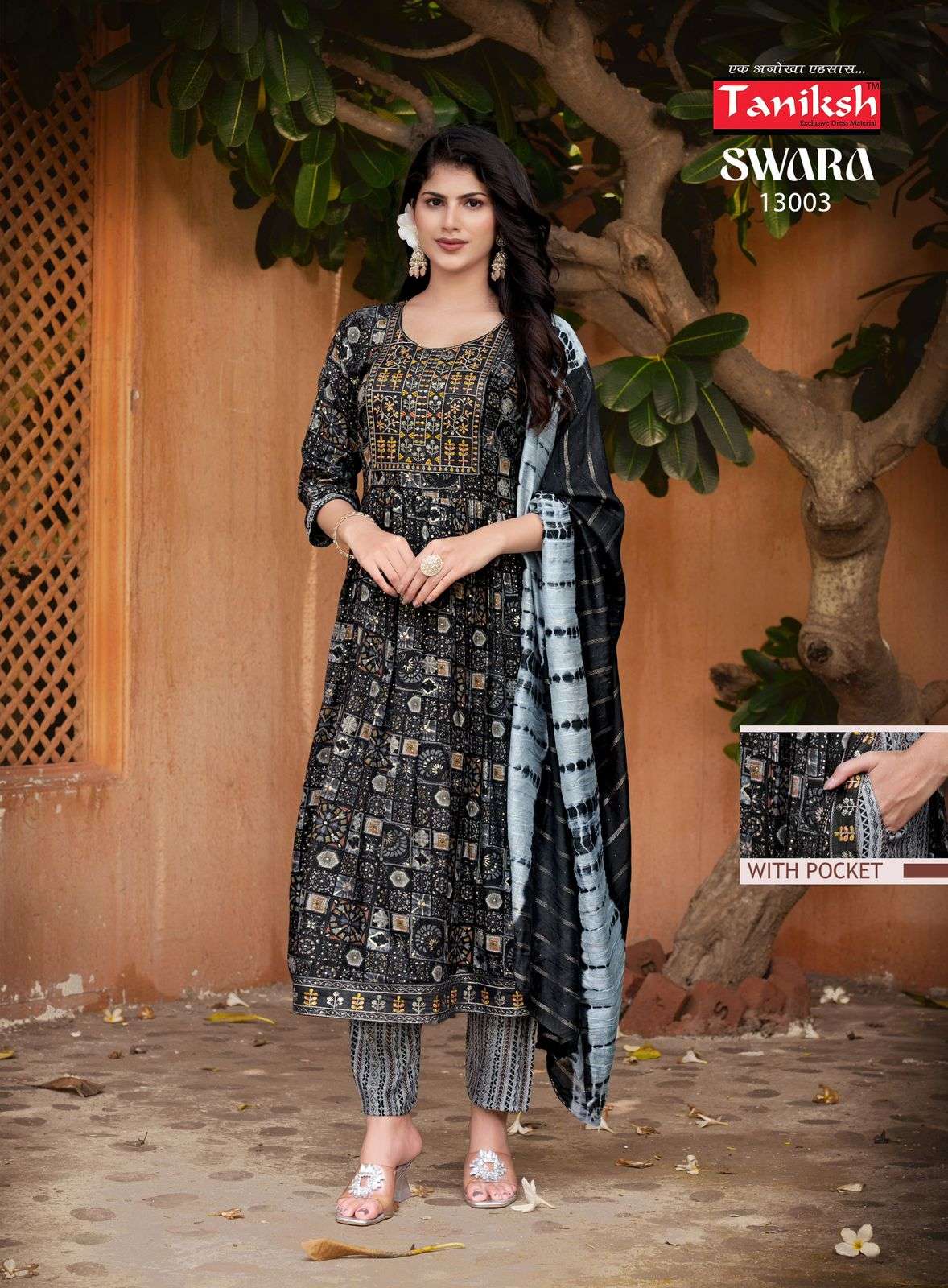 Taniksh Swara Vol 13 Rayon Print With Embroidery Work Naira Cut Kurti Combo Set