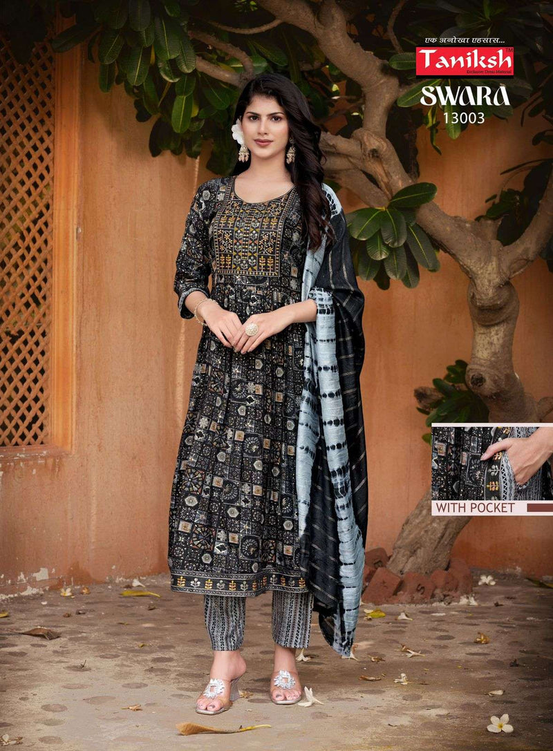 Taniksh Swara Vol 13 Rayon Print With Embroidery Work Naira Cut Kurti Combo Set