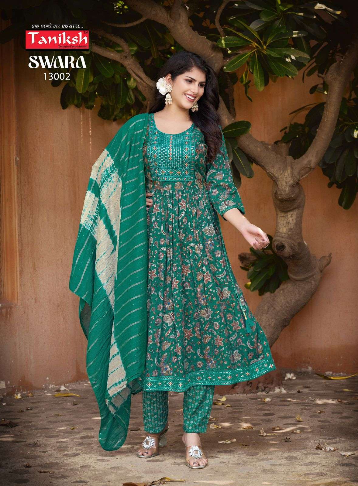 Taniksh Swara Vol 13 Rayon Print With Embroidery Work Naira Cut Kurti Combo Set