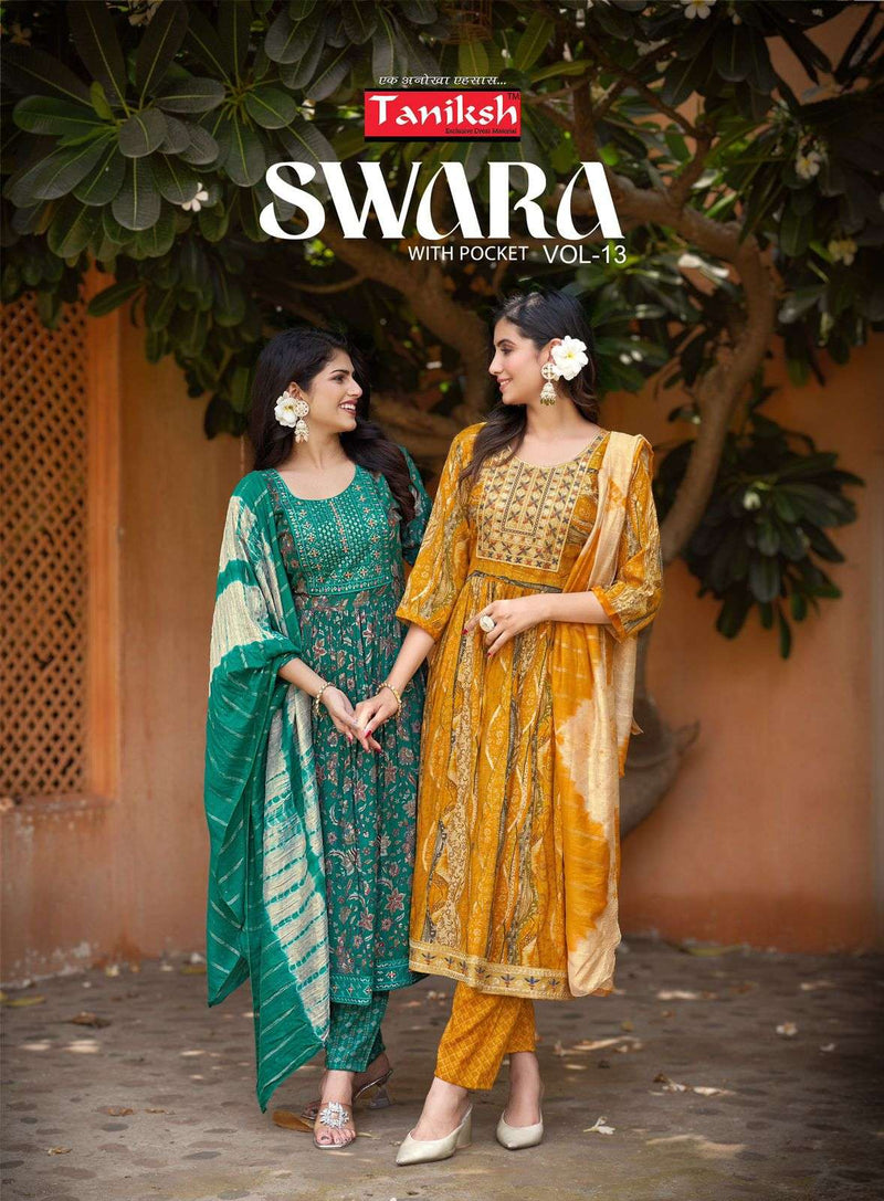 Taniksh Swara Vol 13 Rayon Print With Embroidery Work Naira Cut Kurti Combo Set