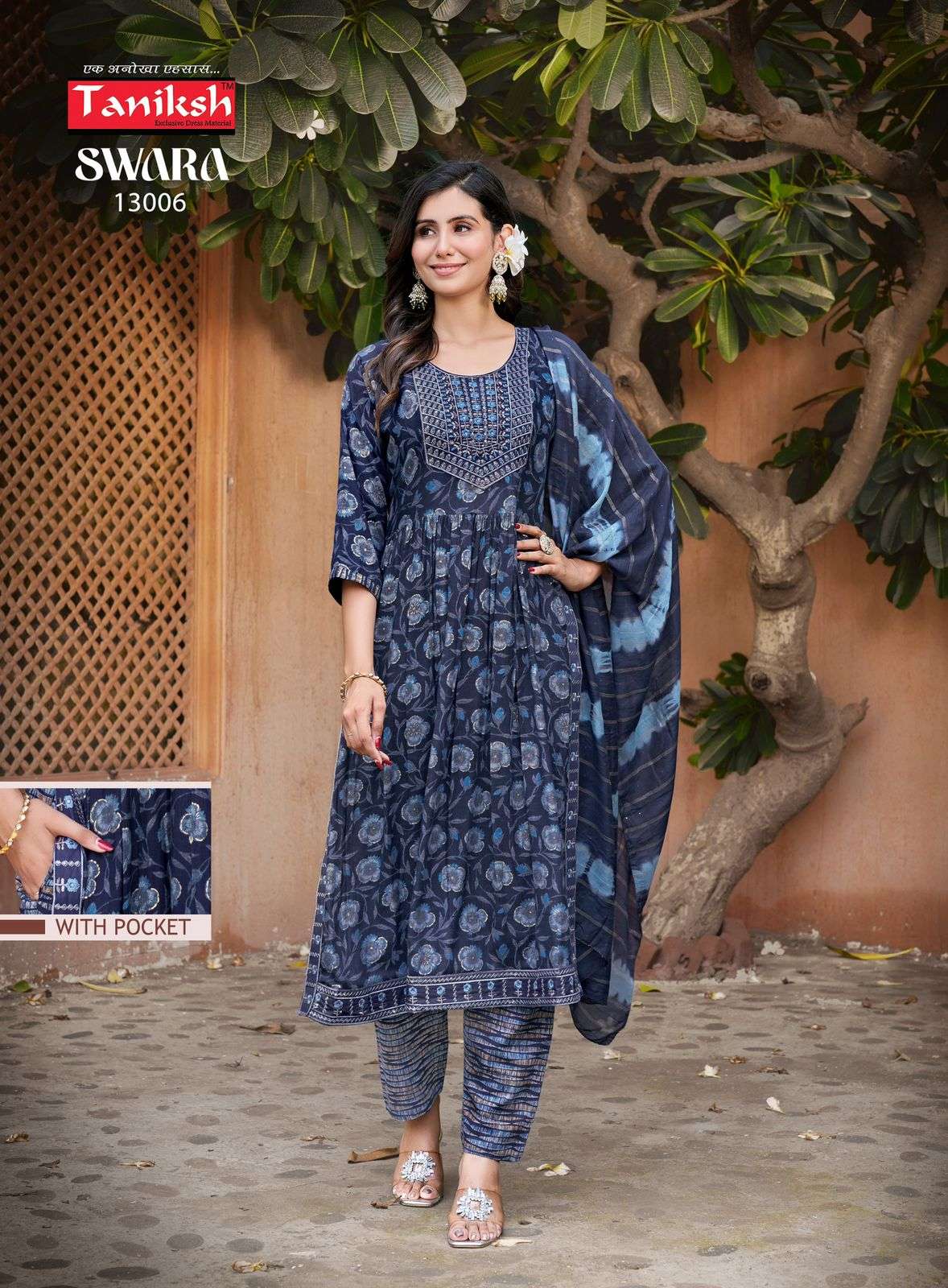 Taniksh Swara Vol 13 Rayon Print With Embroidery Work Naira Cut Kurti Combo Set