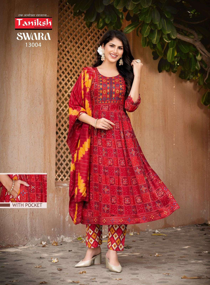 Taniksh Swara Vol 13 Rayon Print With Embroidery Work Naira Cut Kurti Combo Set