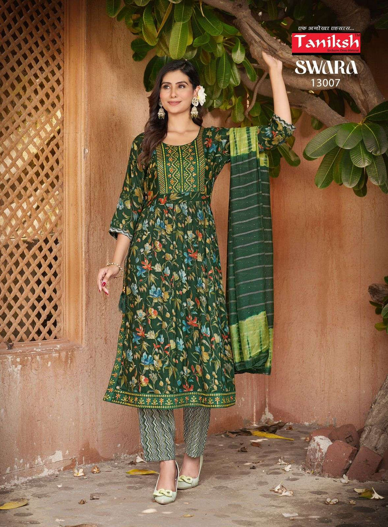 Taniksh Swara Vol 13 Rayon Print With Embroidery Work Naira Cut Kurti Combo Set