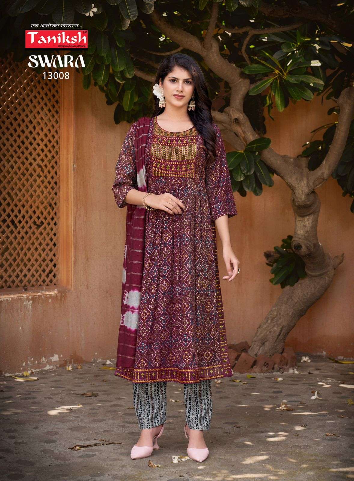 Taniksh Swara Vol 13 Rayon Print With Embroidery Work Naira Cut Kurti Combo Set