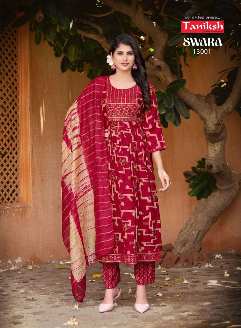 Taniksh Swara Vol 13 Rayon Print With Embroidery Work Naira Cut Kurti Combo Set