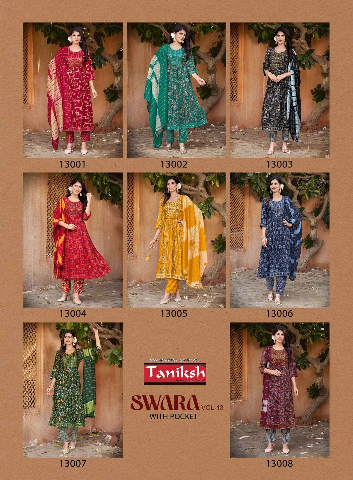 Taniksh Swara Vol 13 Rayon Print With Embroidery Work Naira Cut Kurti Combo Set