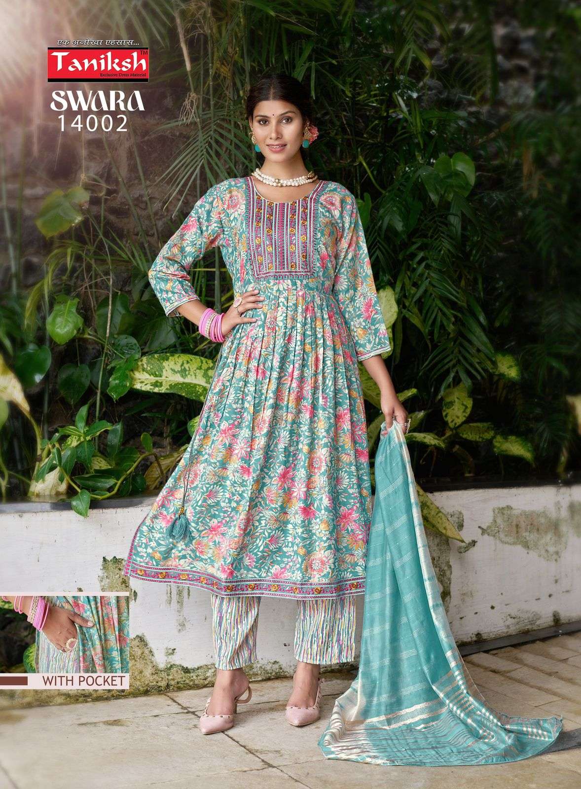 Taniksh Swara Vol 14 Capsule Print Embroidery Work Nyra Cut Casual Wear Kurti Pant Dupatta Set