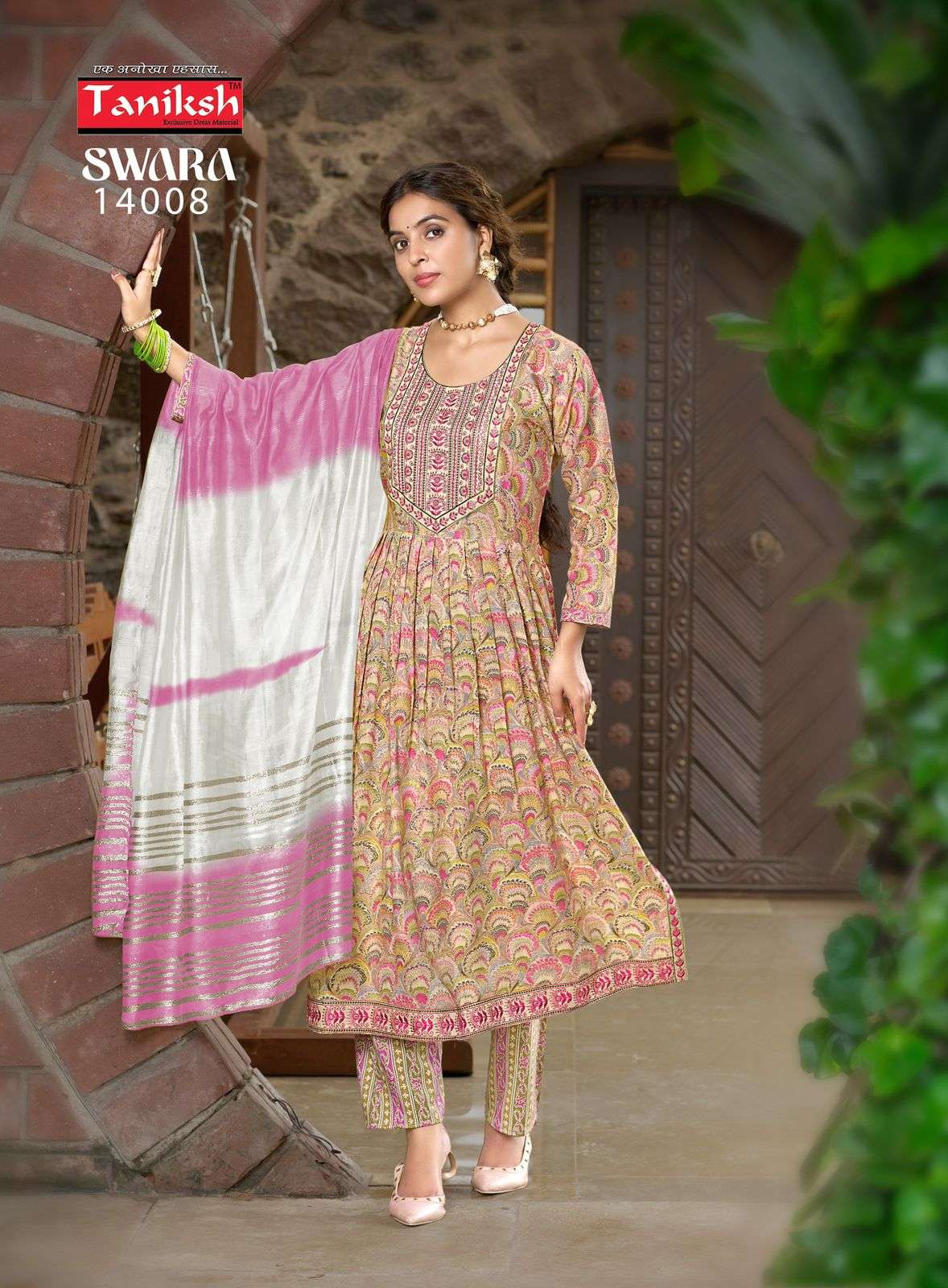 Taniksh Swara Vol 14 Capsule Print Embroidery Work Nyra Cut Casual Wear Kurti Pant Dupatta Set