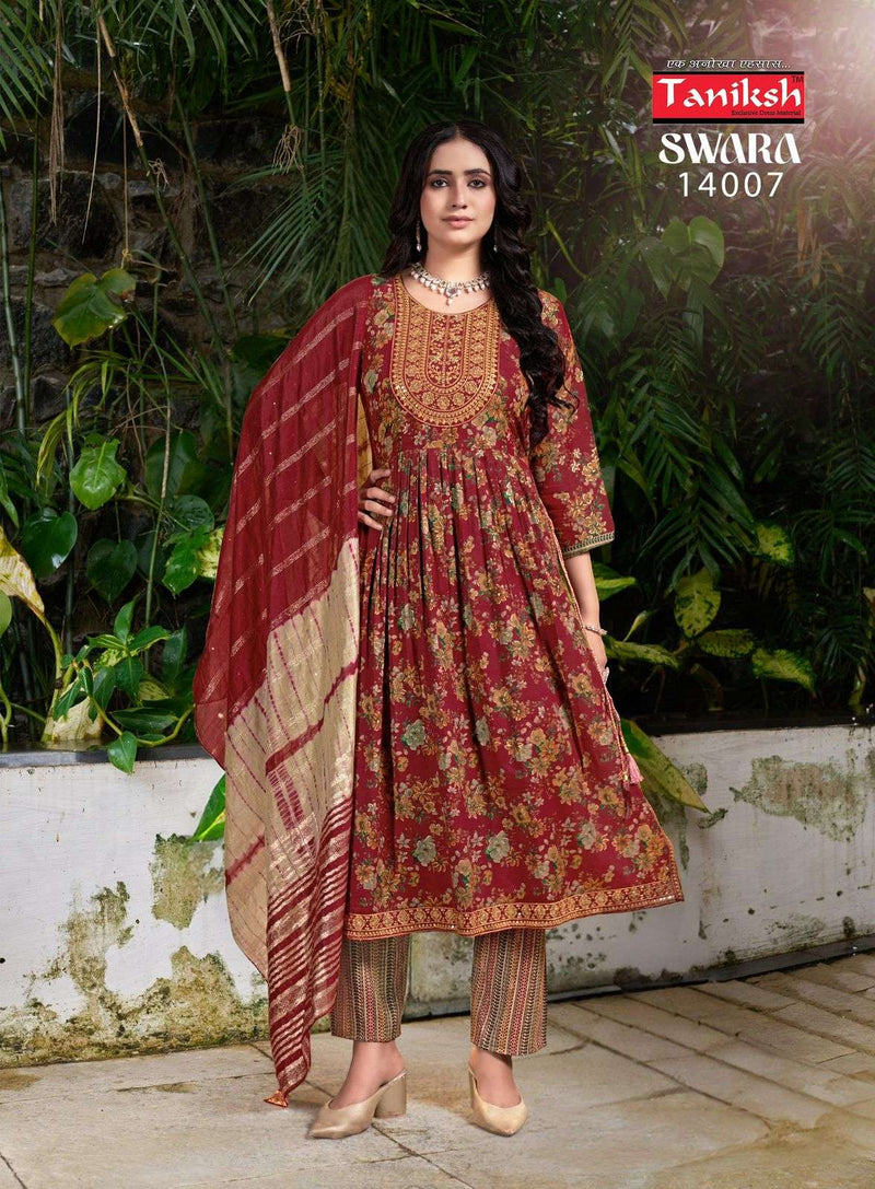 Taniksh Swara Vol 14 Capsule Print Embroidery Work Nyra Cut Casual Wear Kurti Pant Dupatta Set