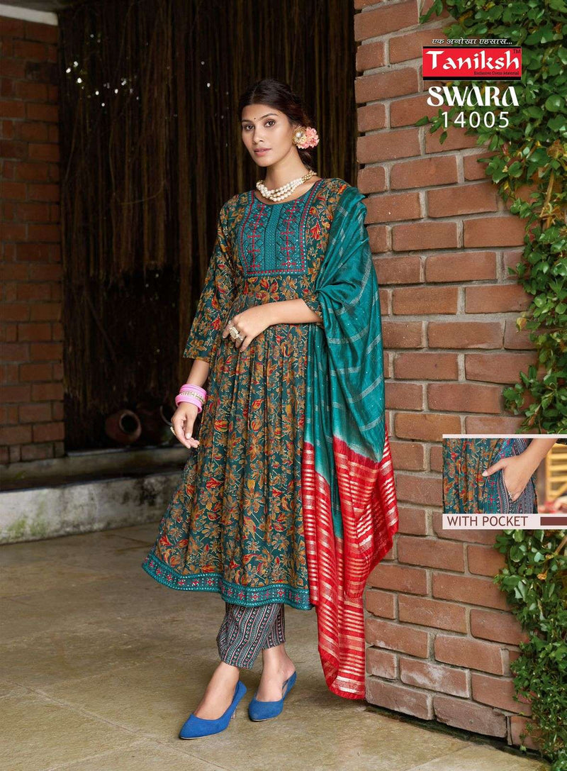 Taniksh Swara Vol 14 Capsule Print Embroidery Work Nyra Cut Casual Wear Kurti Pant Dupatta Set