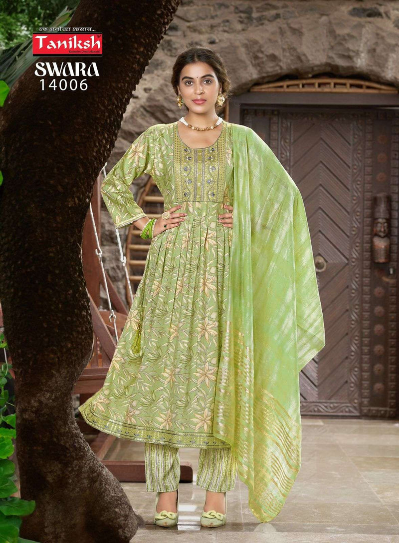 Taniksh Swara Vol 14 Capsule Print Embroidery Work Nyra Cut Casual Wear Kurti Pant Dupatta Set