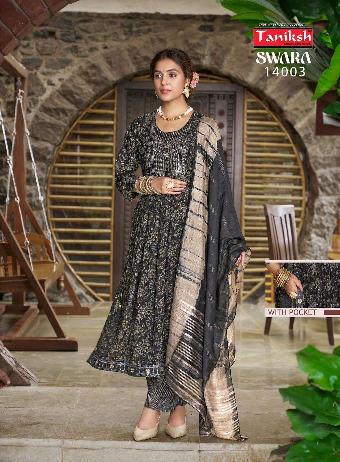 Taniksh Swara Vol 14 Capsule Print Embroidery Work Nyra Cut Casual Wear Kurti Pant Dupatta Set