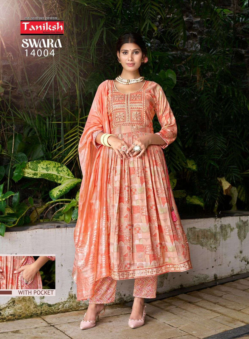 Taniksh Swara Vol 14 Capsule Print Embroidery Work Nyra Cut Casual Wear Kurti Pant Dupatta Set