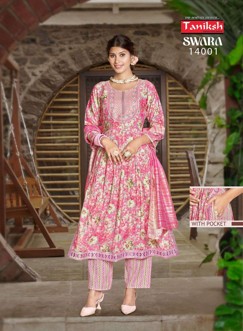 Taniksh Swara Vol 14 Capsule Print Embroidery Work Nyra Cut Casual Wear Kurti Pant Dupatta Set