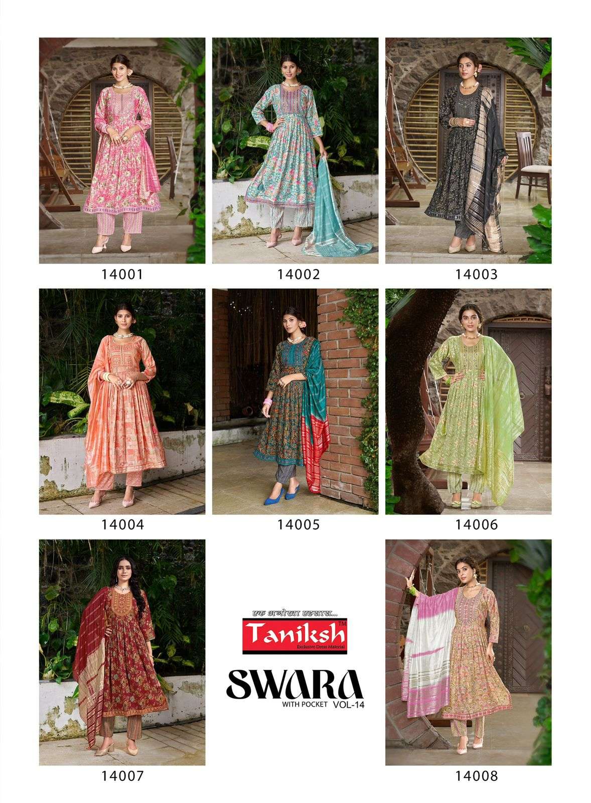 Taniksh Swara Vol 14 Capsule Print Embroidery Work Nyra Cut Casual Wear Kurti Pant Dupatta Set